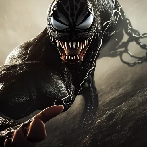 Image similar to full body pose, hyperrealistic photograph of venom, dim volumetric lighting, 8 k, octane beautifully detailed render, extremely hyper detailed, intricate, epic composition, cinematic lighting, masterpiece, trending on artstation, very very detailed, stunning, hdr, smooth, sharp focus, high resolution, award, winning photo, dslr, 5 0 mm