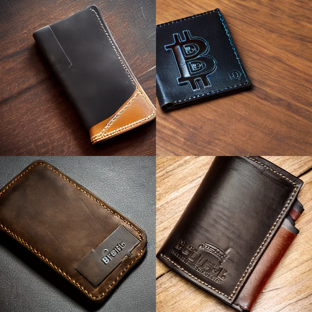 Prompt: fancy leather bitcoin wallet, photo-realistic, depth of field