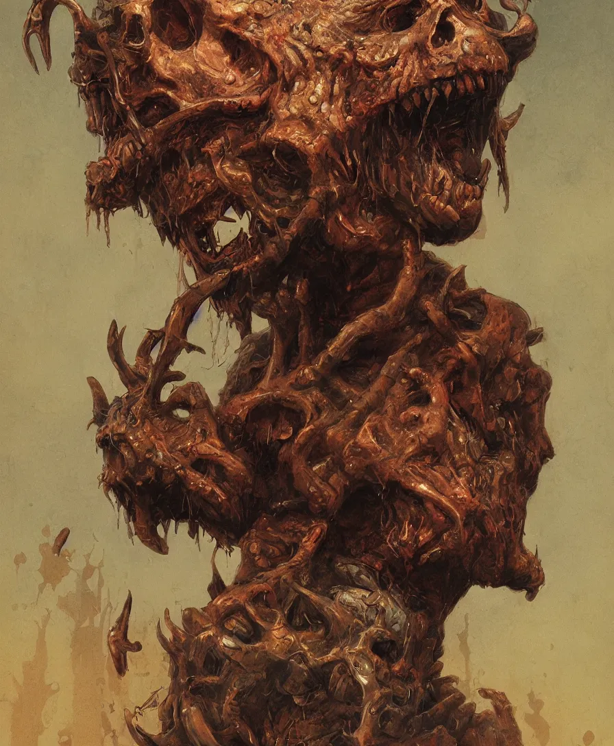 Image similar to bust portrait close up devil holding skull on hand, illustrated by Simon Stålenhag and Gaston Bussiere, intricate, ultra detailed, photorealistic, trending on artstation
