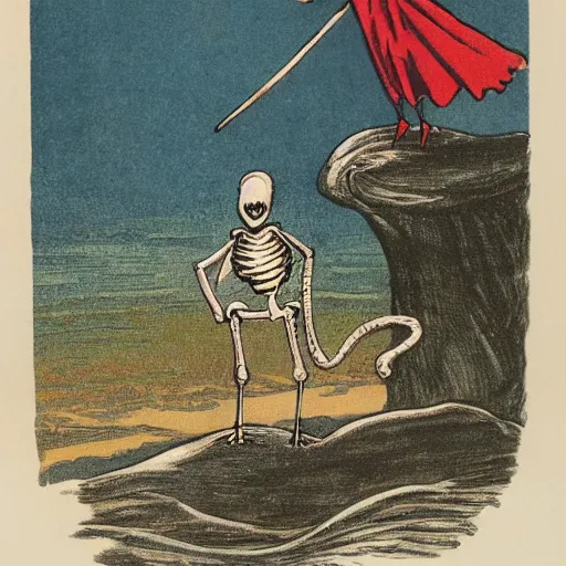 Image similar to synthwave exciting by kate greenaway, by jeff kinney. a beautiful illustration of a horned, red - eyed, skeleton - like creature, with a long black cape, & a staff with a snake wrapped around it, standing in front of a castle atop a cliff.