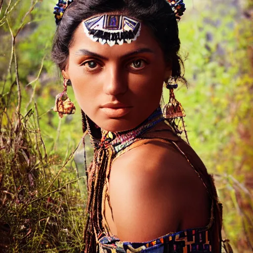 Image similar to vintage portrait of a stunningly beautiful aztec female, dark eyes, dark hair, olive skin, depth of field, zeiss lens, detailed, symmetrical, centered, fashion photoshoot, by edward s curtis, Annie Leibovitz and Steve McCurry, David Lazar, Jimmy Nelsson, Breathtaking, 8k resolution, extremely detailed, beautiful, establishing shot, artistic, hyperrealistic, beautiful face, octane render