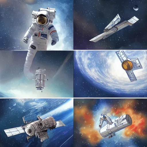 Image similar to astronaut in space by yongsung kim, photorealistic, art nouveau, illustration, concept design, storybook layout, story board format