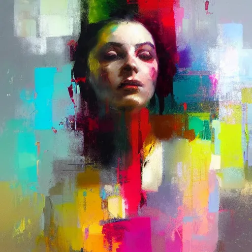 Image similar to high quality abstract painting of a woman in bright colours by jeremy mann