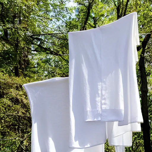 Prompt: Donald Trump hanging white linen sheets on a clothesline, sunny day