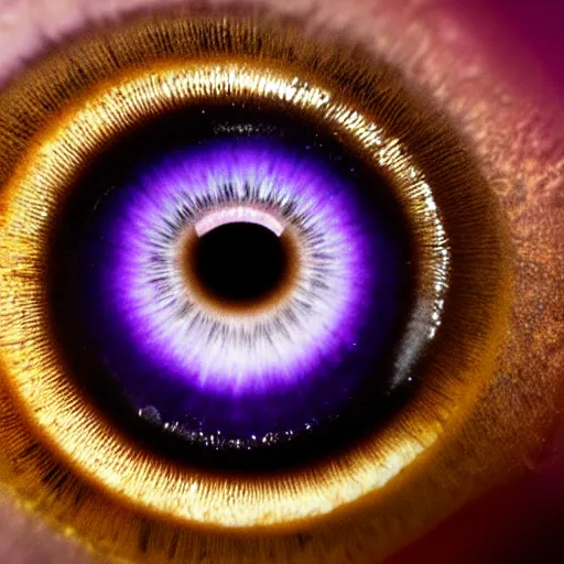 Prompt: Purple eye with golden spiraling iris and black pupil at the center of a dark universe