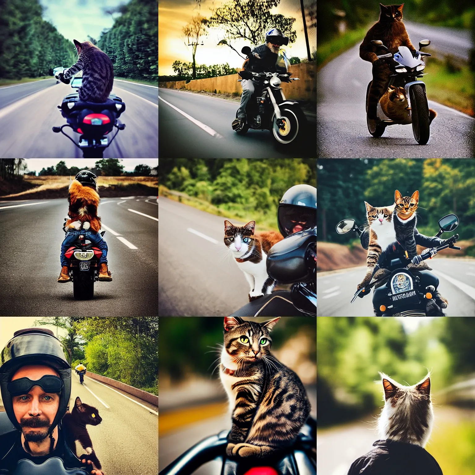 Prompt: “a cat standing on the shoulder of a human motorcyclist at full speed, motion blur, 4k photograph, canon, award winning”