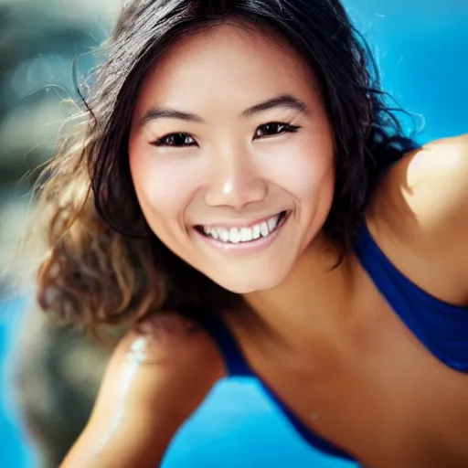 Image similar to beautiful half vietnamese tanned woman, toned, rock climber, instagram, smiling, beach, portrait, photorealistic