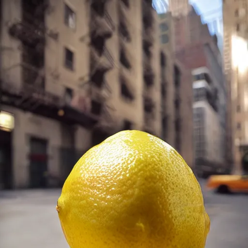 Image similar to closeup portrait of a Lemon , new york back street , by Steve McCurry and David Lazar, natural light, detailed face, CANON Eos C300, ƒ1.8, 35mm, 8K, medium-format print