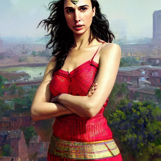 Prompt: a fancy portrait close up of Gal gadot wearing Assamese mekhela sleeveless bihu dress by Greg Rutkowski, Sung Choi, Mitchell Mohrhauser, Maciej Kuciara, Johnson Ting, Maxim Verehin, Peter Konig, Guwahati city backdrop, 8k photorealistic, cinematic lighting, HD, high details, dramatic, trending on artstation, full body shot