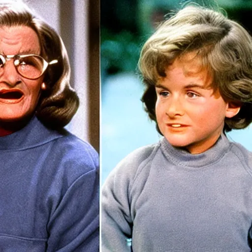 Image similar to mrs. doubtfire played by young arnold schwarzenegger saying hello