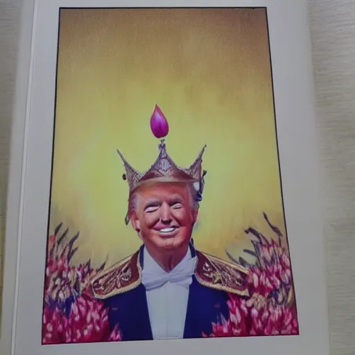 Image similar to high-quality selfie taken by Donald Trump as he ascends to be king of the tulip people, liliputian art, fantasy art, princess president, traditional japanese dress