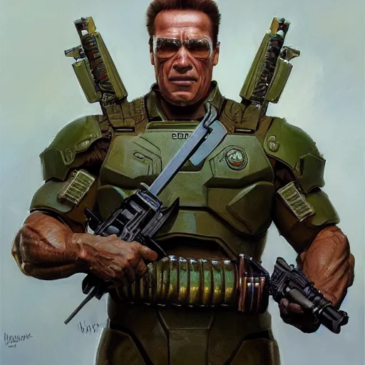 Prompt: Arnold Schwarzenegger as the Doomguy, character art by Donato Giancola, Craig Mullins, digital art, trending on artstation