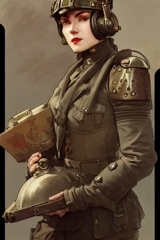 Image similar to female dieselpunk soldier character, helmet, shoulders, chest, portrait, armored, illustrations by alfons maria mucha and craig mullins and loish and rossdraws and artgerm and sargent