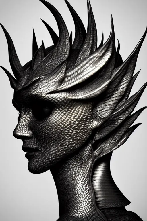 Image similar to bw close - up profile face, black background, beautiful young porcelain vegetal - dragon - cyborg - female, 1 5 0 mm, beautiful natural soft rim light, silver gold details, magnolia leaves and stems, roots, mandelbot fractal, elegant, ultra detailed, white metallic armour, octane render, h. r. giger style