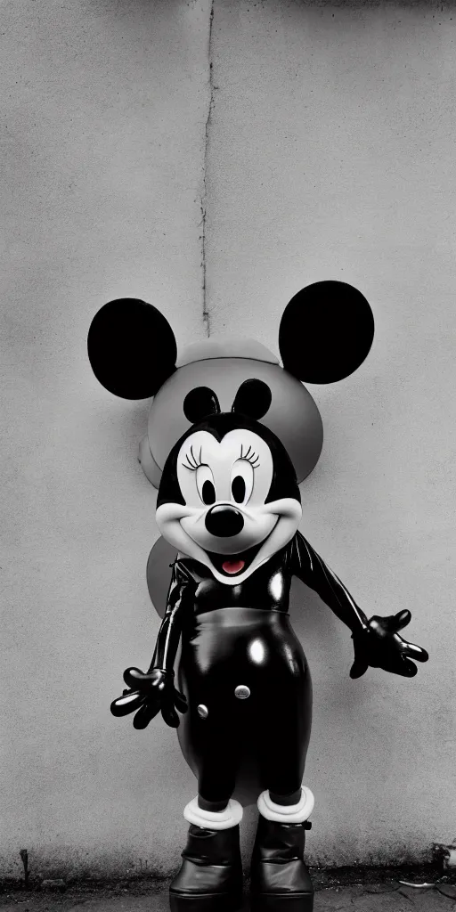 Image similar to photographic shot of mickey mouse wearing a latex outfit in front of berghain, berlin style, photography by sven marquardt, highly detailed, photorealistic, 4 k