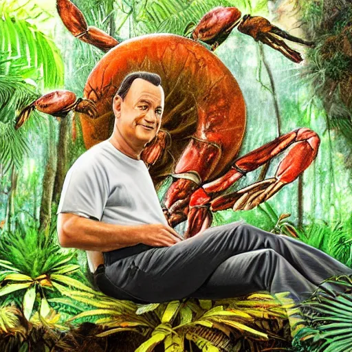 Image similar to Tom Hanks as forrest gump sitting on a giant shrimp in the jungle, realistic digital painting, photoreailstic, realistic face, amazing detail, sharp