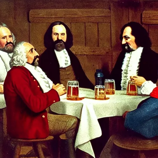 Image similar to the quaker oats man having a drink with ron jeremy at a round table in a tavern