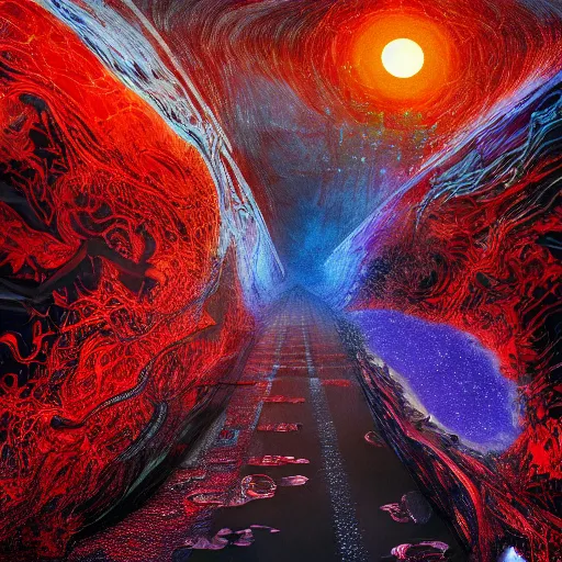 Image similar to dark matter red infernal world future landscape ocean and sun limbo hyper 4D reflection in the horror them open street schizophrenia and stratification of consciousness mind mad spirit man highly detailed full HD 8K resolution