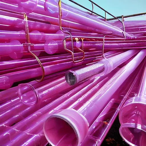 Prompt: clear pipes transporting liquid, y 2 k pink plastic dreamscape,