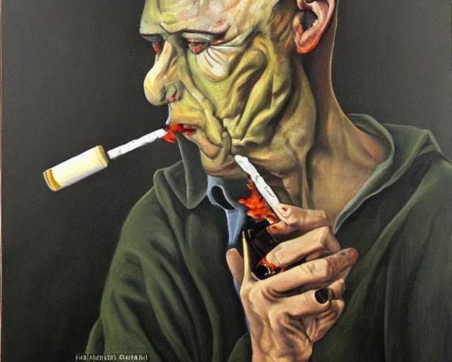 Image similar to a surreal painting of man smoking a joint