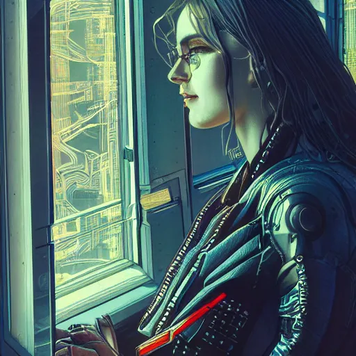 Image similar to portrait of cyberpunk woman looking out of a window, cyberpunk setting, futuristic, highly detailed, intricate lighting, digital painting, sharp focus, illustration, trending on artstation, art by alphonse mucha.