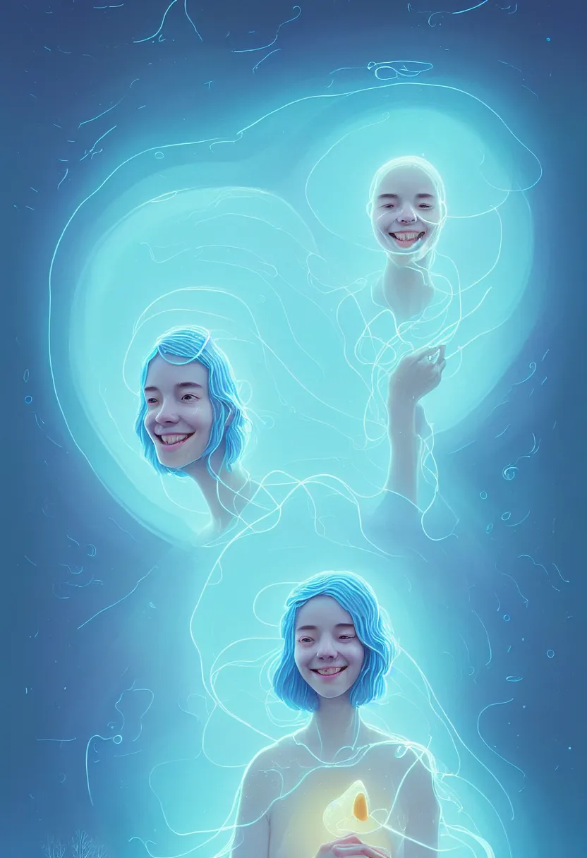 Image similar to young woman smiling in etheric hypothalamus of her mind, in a light blue color palette of cosmic spring, flowing, intricate, beautiful render, award winning photography, by simon stalenhag and wlop and artgerm, beautiful illustration