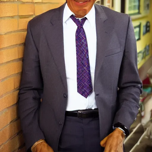 Prompt: Gus Fring looking into the camera and adjusting his tie, photo