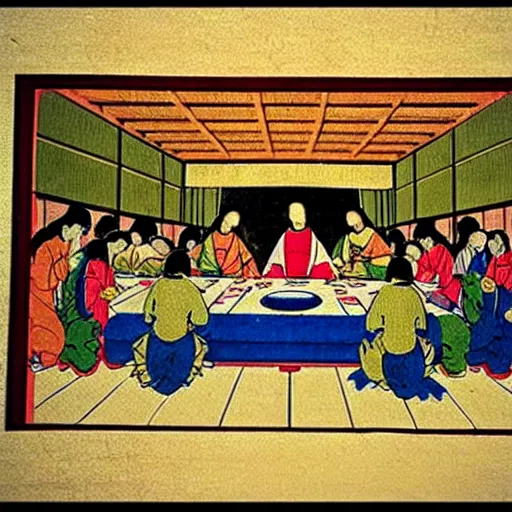 Prompt: “A old Japanese woodblock style painting of The Last Supper by Leonardo da Vinci”