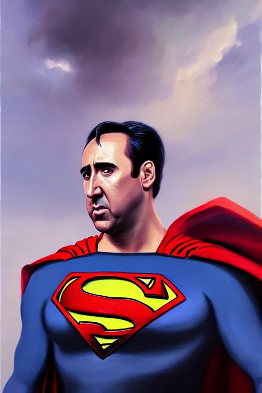 Image similar to portrait of nicolas cage as superman looking away from the camera, intricate, hyperrealistic, extremely detailed oil painting by simon stalenhag and greg rutkowski, artstation