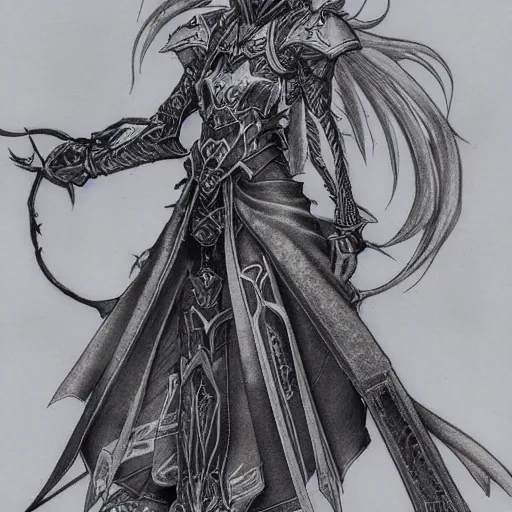 Image similar to a mage from final fantasy 14 drawn by Yoshitaka Amano, intricate, amazing line work