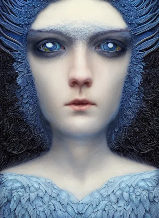 Image similar to Her huge ominous glowing blue eyes staring into my soul , perfect eyes, soft pale white skin, intricate stunning highly detailed, agostino arrivabene, artgerm, twisted dark lucid dream, 8k portrait render, raven angel wings, swirling smoke , beautiful lighting, dark fantasy art, cgsociety