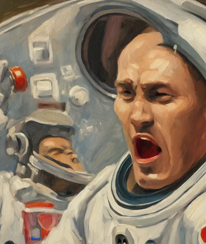 Image similar to a close up portrait painting of a man in an astronaut suit, screaming and sad, highly detailed, close up, aesthetic stars in the background, in the style of edward hopper, fine brush strokes, 4 k,