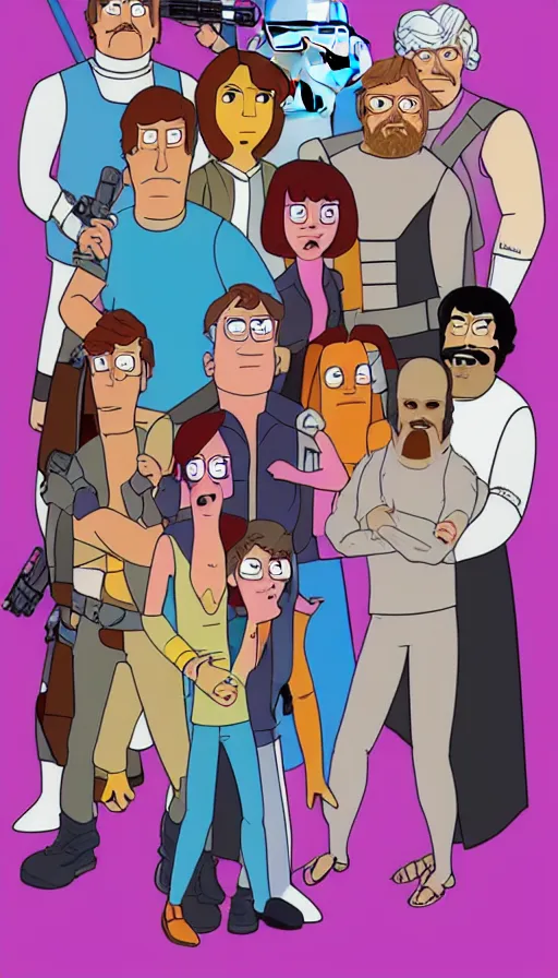 Prompt: movie poster bobs burger cast in star wars, highly detailed, hyper realistic, large text, bright colours