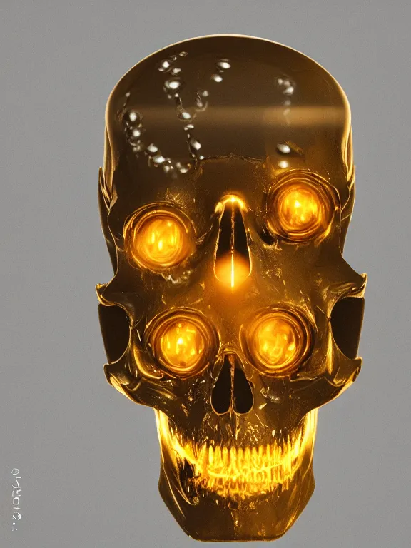 Image similar to photograph of a cyborg skull, glowing technical parts, golden fluid dripping down, studio lighting, 4k