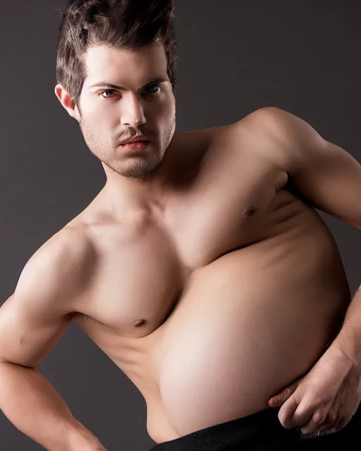 Image similar to Handsome young male model posing with his large pregnant belly, highly detailed, chiseled jaw, medium length black hair, studio photography