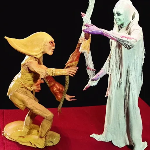 Image similar to Wax figurine of an alien priestess fighting a wax figuring of a cosmic monster