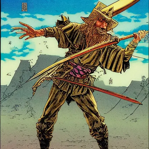 Image similar to Frank Zappa golden Vagabond magic swordsman glides through a beautiful battlefield magic the gathering dramatic esoteric pen and ink illustrated in high detail by Hiroya Oku, Moebius, and Tatsuki Fujimoto shonen jump 2002