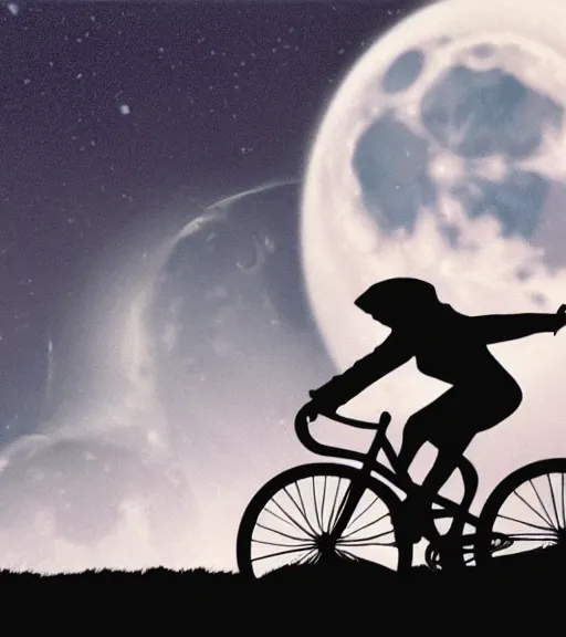 Image similar to a witch with a pointy hat is riding a flying bike across the full moon as silhouette, from the movie e. t. the extra terrestrial, with dark trees in foreground, cinematic frame by steven spielberg, hd