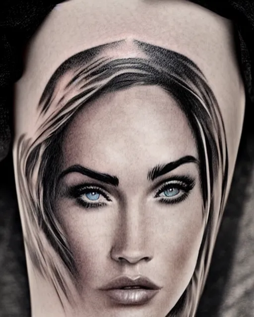 Image similar to megan fox face mash up with beautiful mountains, in the style of dan mountford, tattoo sketch, double exposure, hyper realistic, amazing detail, black and white