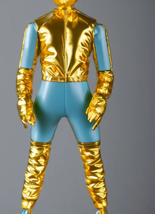 Prompt: accurate detailed pvc inflatable gold & teal colored balloon action figure fashion god, full body, futuristic, concept art, character only, detailed art, adidas streetwear, figurine!!!, studio lighting, grey background, no shadow, trending on artstation, 4 k, sharp, highly - detailed, focus on face!!!
