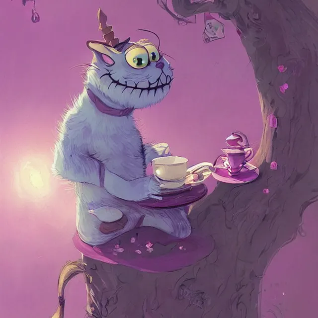 Prompt: cheshire cat drinking tea, by cory loftis, character art, very coherent, exquisite lighting, whimsical background, lighthearted, soft painting, masterpiece