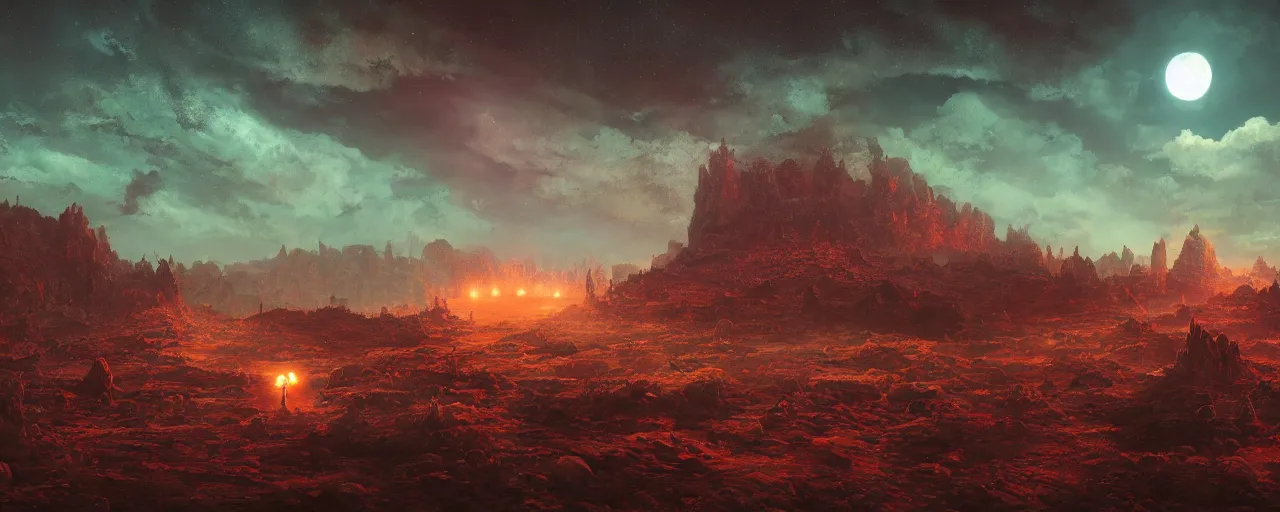 Prompt: ” otherwordly barren landscape at night, [ cinematic, detailed, epic, widescreen, opening, establishing, mattepainting, photorealistic, realistic textures, octane render, art by slop and paul lehr ] ”