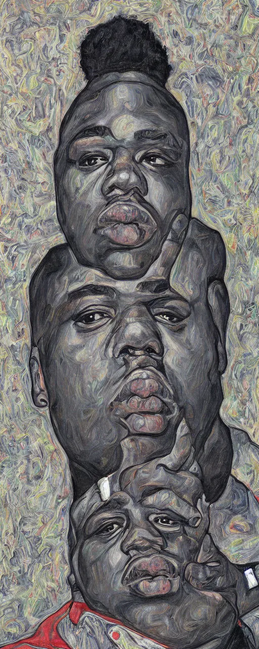 Image similar to a portrait of biggie smalls in style of egon schiele, masterpiece, hyperdetailed, complex, intricate, 4 k, trending on artstation