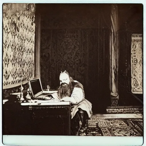 Prompt: Ivan the Terrible in his palace in Moscow and working on a MacBook Pro, high detail, Polaroid , old photo width 768