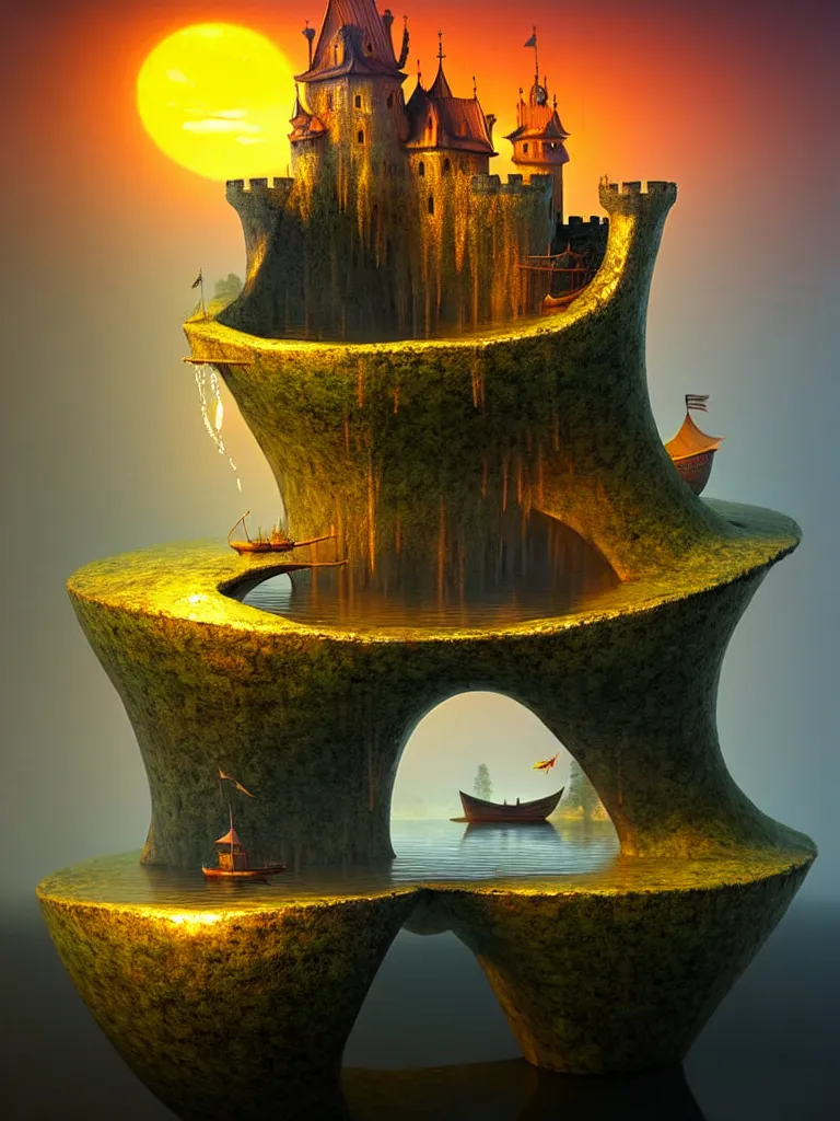 Image similar to extendable anise diorama an immense gigantic ornated iron cup with a lake inside, water in excess droping by, boats, castle, sunset, volumetric light, godrays, gediminas pranckevicius