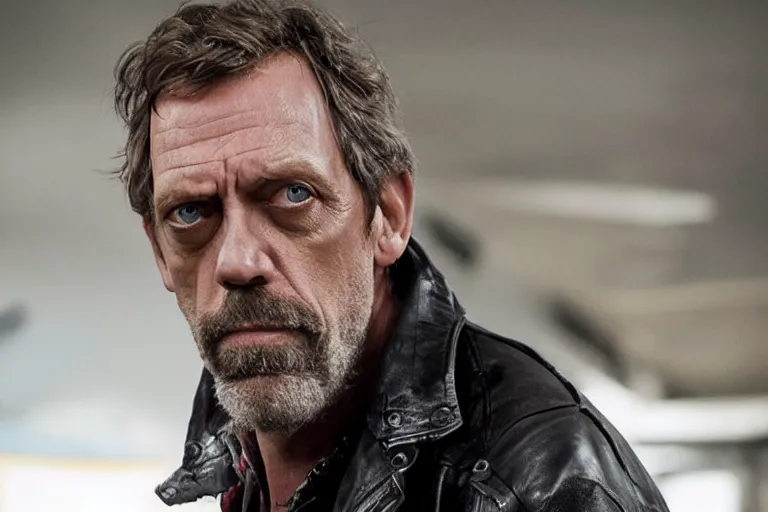 Prompt: promotional image of hugh laurie as a british punk rocker in a new movie, leather clothes, heavy makeup, detailed face, movie still frame, promotional image, imax 70 mm footage