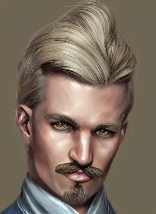 Image similar to young man with short light blonde combover hair and moustache, dndbeyond, bright, colourful, realistic, dnd character portrait, full body, pathfinder, pinterest, art by ralph horsley, dnd, rpg, lotr game design fanart by concept art, behance hd, artstation, deviantart, hdr render in unreal engine 5