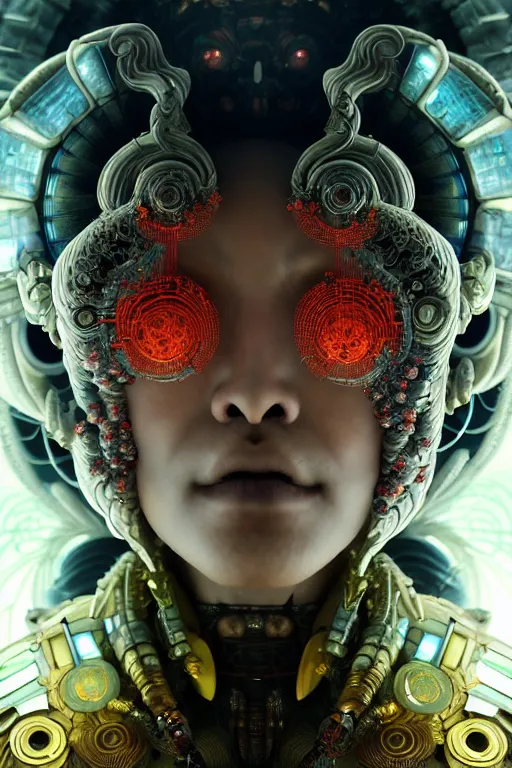 Image similar to asura from chinese myth, ghost, gorgeous and huge head ornaments, dystopian, cyberpunk, organic fractal mycelum and fungi, mecha, halfturn portrait of a big crystal face made of crystals half - turn, ominous, intricate, studio, art by anthony macbain + greg rutkowski + alphonse mucha, concept art, 4 k, sharp focus