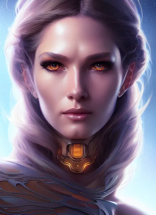 Image similar to futuristic woman portrait, sci-fi, amber eyes, face, long hair, fantasy, intricate, elegant, highly detailed, digital painting, artstation, concept art, smooth, sharp focus, illustration, art by artgerm and greg rutkowski and alphonse mucha