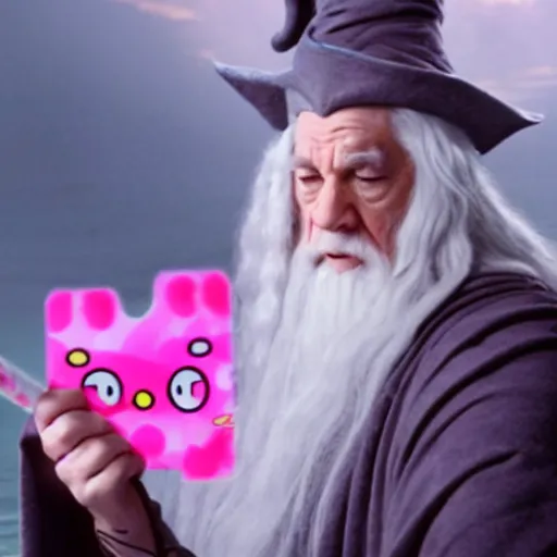 Image similar to portraid of gandalf wearing a Hello Kitty costume, holding a blank playing card up to the camera, movie still from the lord of the rings